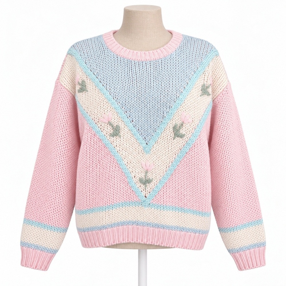 Vintage 90s Hand Knit Heavyweight Floral Sweater M Pastel Pink Retro Cottagecore